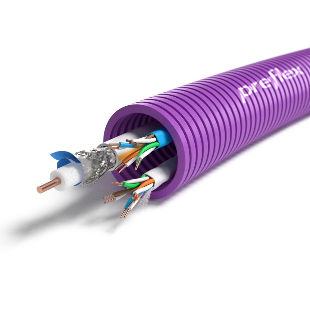 PREFLEX Preflex voorbedrade buis 25mm + datakabel 2x U/UTP CAT5e 4P + coax TRI6 rol 100m 1234001493