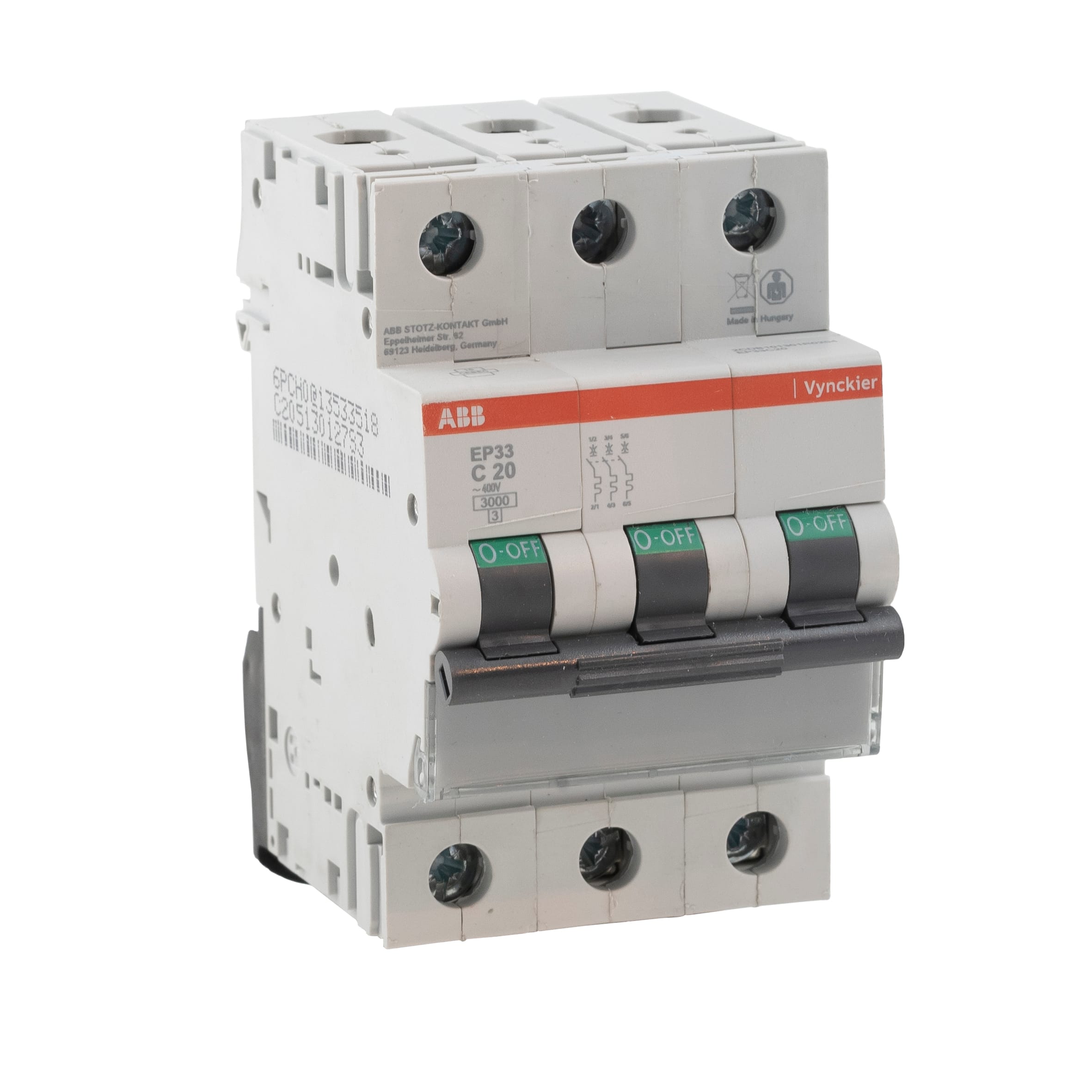 Vynckier (ABB) Automaat EP30 3P 16A C-curve 3kA 400V AC voor verdeelkasten 2CDB101301R0164