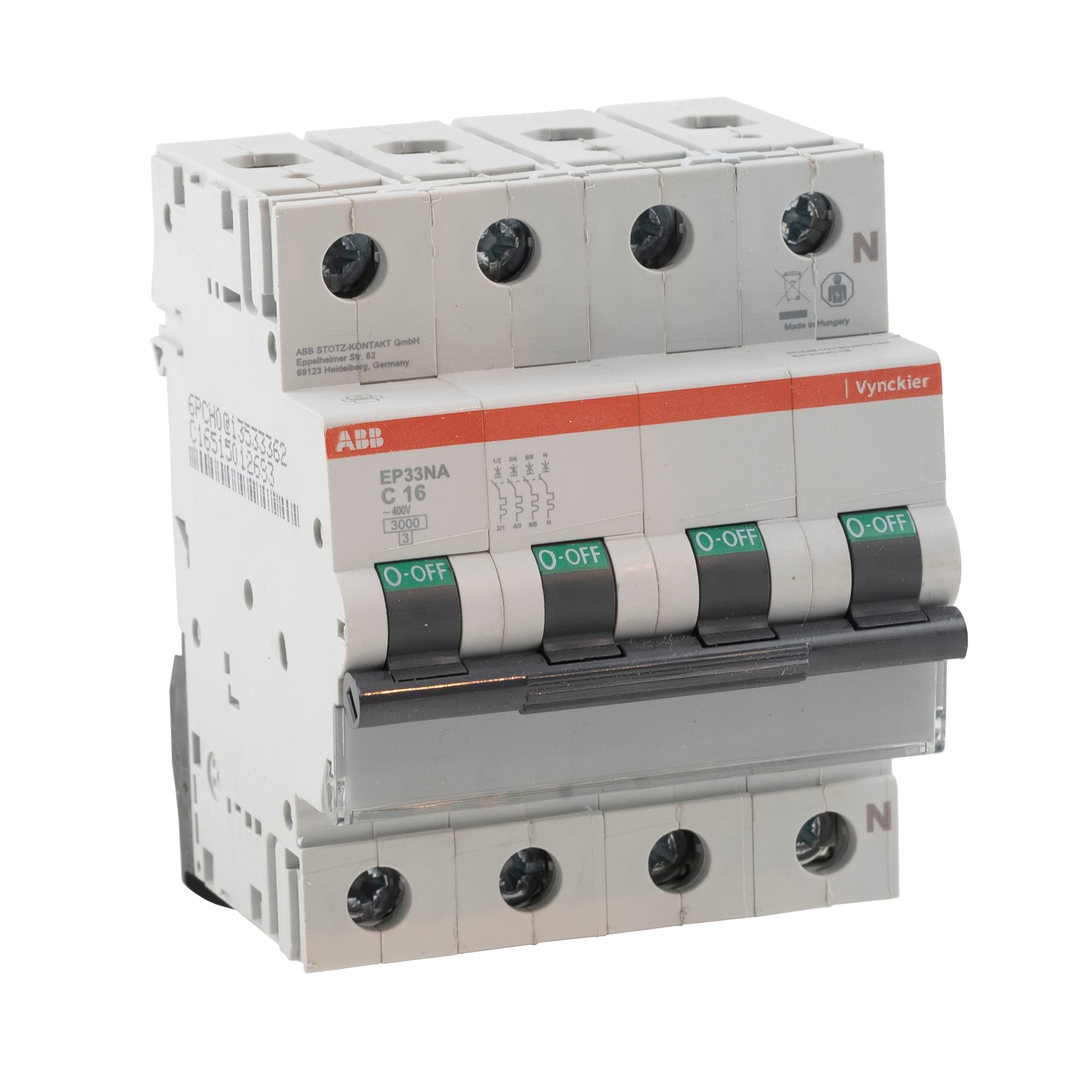 Vynckier (ABB) Automaat EP30 3P+N 16A C-curve 3kA 400V AC voor verdeelkasten 2CDB101302R0164