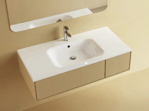 Klaire wastafelblad kunstmarmer met 1 waskom midden 1000 x 460 mm - wit shiny - voorgeboord kraangat - niet doorgeboord 629513101003