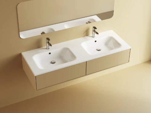 Klaire wastafelblad kunstmarmer met 2 waskommen 1400 x 460 mm - wit shiny - voorgeboord kraangat - niet doorgeboord 629513144003