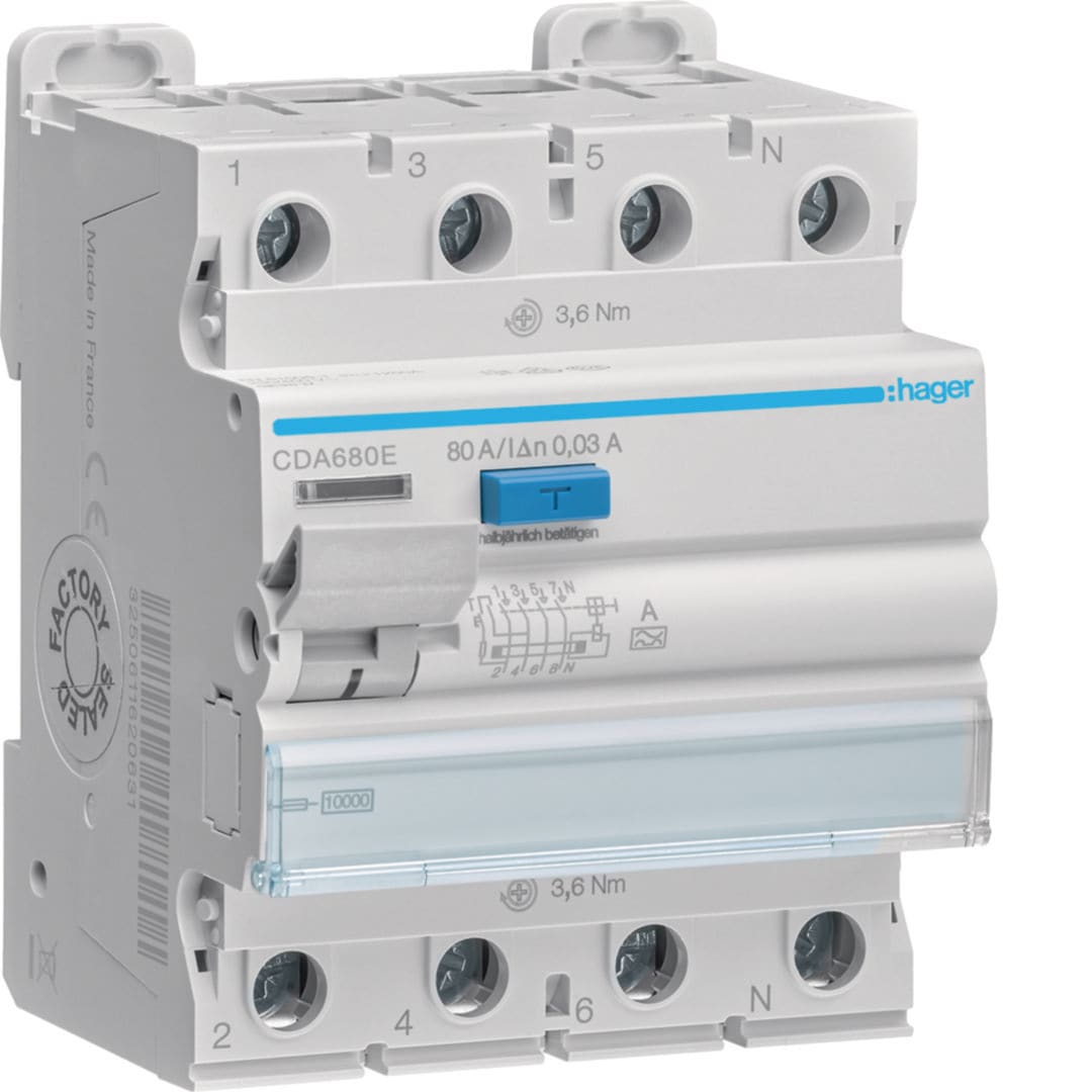 HAGER Aardlekschakelaar 3P+N 80A 30mA A CDA680E