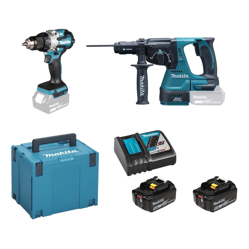 Makita Combiset LXT® bestaande uit: DDF489 + DHR243 + 2x BL1850 + DC18RC + MakPac. DLX2522TJ