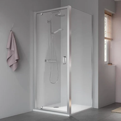 Kermi Stina KOP draaideur met verplaatst scharnierpunt 900 x 1950 mm - verstelbaarheid 860-910 mm - SIHG ESG helder Clean - profiel : zilver hoogglans STKOP09019VPK