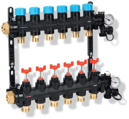 Henco UFH MDK composiet voorgemonteerde verdelerunit met debietmeter (0-3 l) 4/4 - 3 x EK3/4 - zwart UFH-0605MDK03-03L