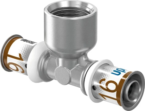 Uponor S-Press Plus messing verloop T-stuk met binnendraad 90° FFF 25 x 3/4 F x 25 1070599