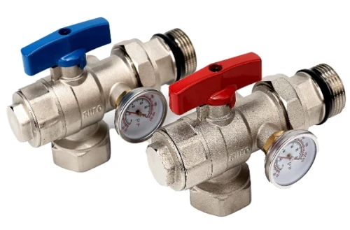 UFH bolkraan + thermometer voor vloerverwarmingscollector (set 2st) 4/4 x 4/4 - rood/blauw - omkeerbare aansluiting haaks+recht - prijs per set 1100074251