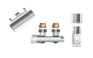 Oventrop Multibloc design radiatoraansluitset muurmodel - met thermostaatknop - chroom 1184284