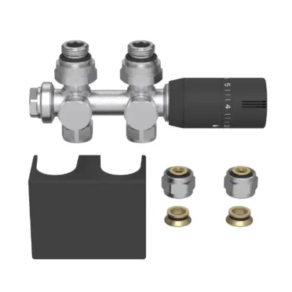 Radect universeleradiatoraansluitset metthermostatiseerbare H-stukrecht of haaks + thermostaatkopmet afdekkap - zwart mat - inclusief koppelingen 15 mm / 16x2 mm 1564285