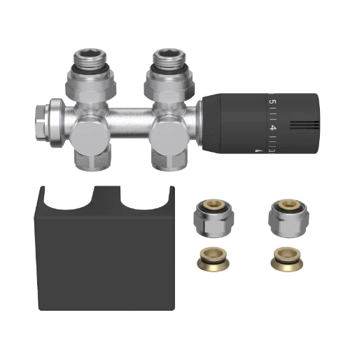 Radect universeleradiatoraansluitset metthermostatiseerbare H-stukrecht of haaks + thermostaatkopmet afdekkap - zwart mat - inclusief koppelingen 15 mm / 16x2 mm 1564285