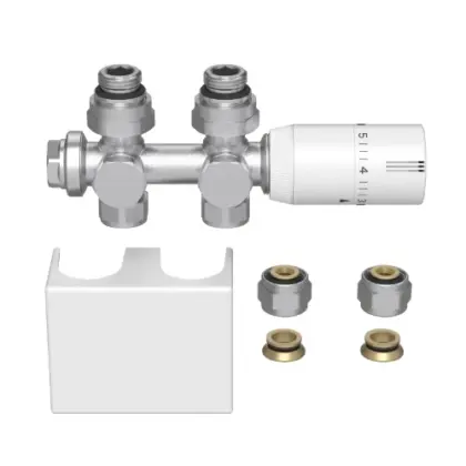 Radect universeleradiatoraansluitset metthermostatiseerbare H-stukrecht of haaks + thermostaatkopmet afdekkap - wit mat - inclusief koppelingen 15 mm / 16x2 mm 1565015