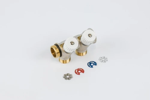 Begetube WP vernikkelde collector met ingebouwde regelkranen met witte knoppen (30°) 3/4 - 2 x M24 224071902