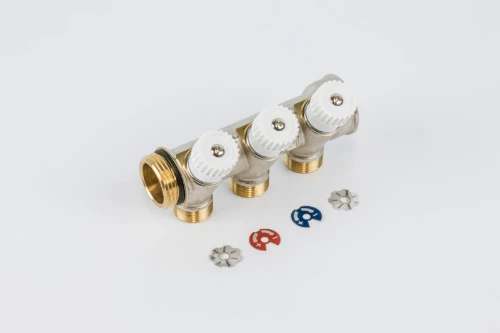Begetube WP vernikkelde collector met ingebouwde regelkranen met witte knoppen (30°) 4/4 - 3 x M24 224101903