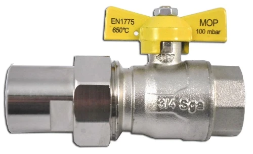 SGA HTB gasbolkraan met vlindergreep (geel) en 2-delige koppeling FF 1/2 x 1/2 - KVBG gekeurd EN1775 56238