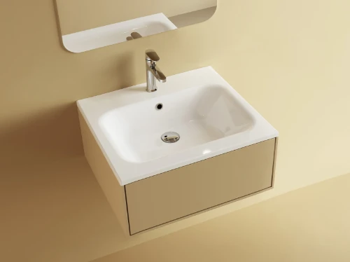 Klaire wastafelblad kunstmarmer met 1 waskom midden 600 x 460 mm - wit shiny - voorgeboord kraangat - niet doorgeboord 629513061003