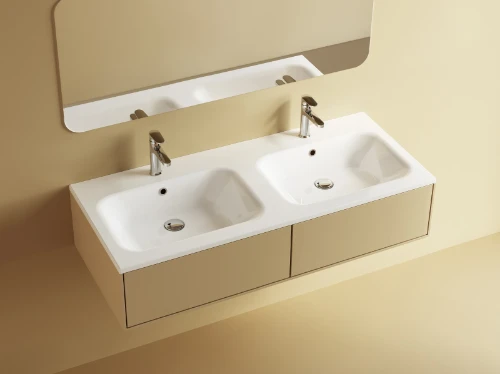 Klaire wastafelblad kunstmarmer met 2 waskommen 1200 x 460 mm - wit shiny - voorgeboord kraangat - niet doorgeboord 629513124003