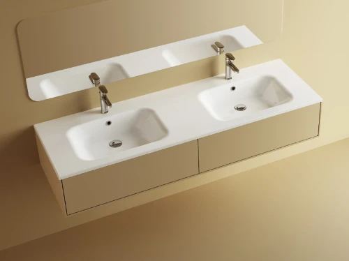 Klaire wastafelblad kunstmarmer met 2 waskommen 1600 x 460 mm - wit shiny - voorgeboord kraangat - niet doorgeboord 629513164003