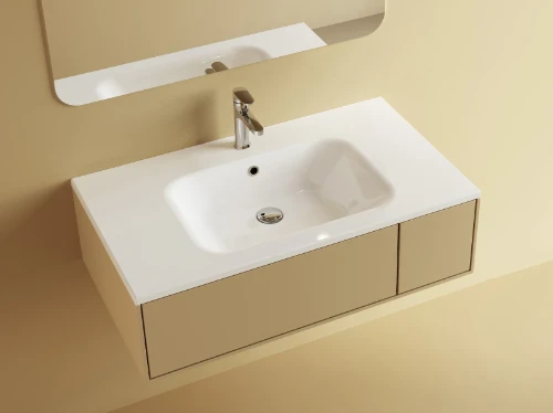 Klaire wastafelblad kunstmarmer met 1 waskom midden 900 x 460 mm - wit shiny - voorgeboord kraangat - niet doorgeboord 629514091003
