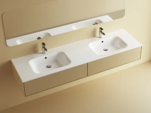 Klaire wastafelblad kunstmarmer met 2 waskommen 1800 x 460 mm - wit shiny - voorgeboord kraangat - niet doorgeboord 629515184003