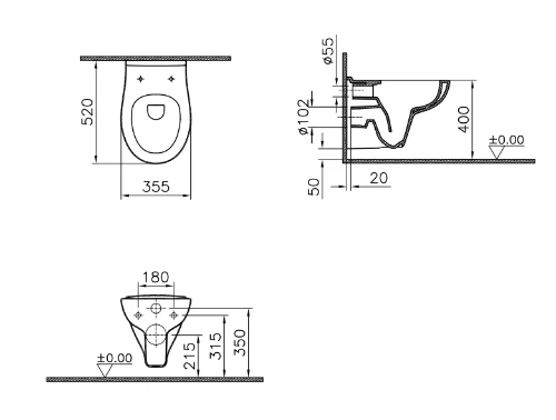 Vitra S20 hangtoilet VitraFlush zonder spoelrand - wit antibacterieel - D360x520 mm 7741B003-0075