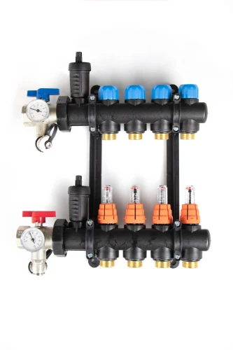 UFH gemonteerde kunststof collectorset voor vloerverwarming 4/4 - 11x EK3/4 - inclusief bolkraan + automatische ontluchters + flowmeters 9264000911