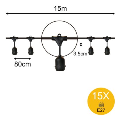 BAILEY Pendel Prikkabel 15m Zwart met 15 hangende E27 fittingen Max 25W per fitting 143417