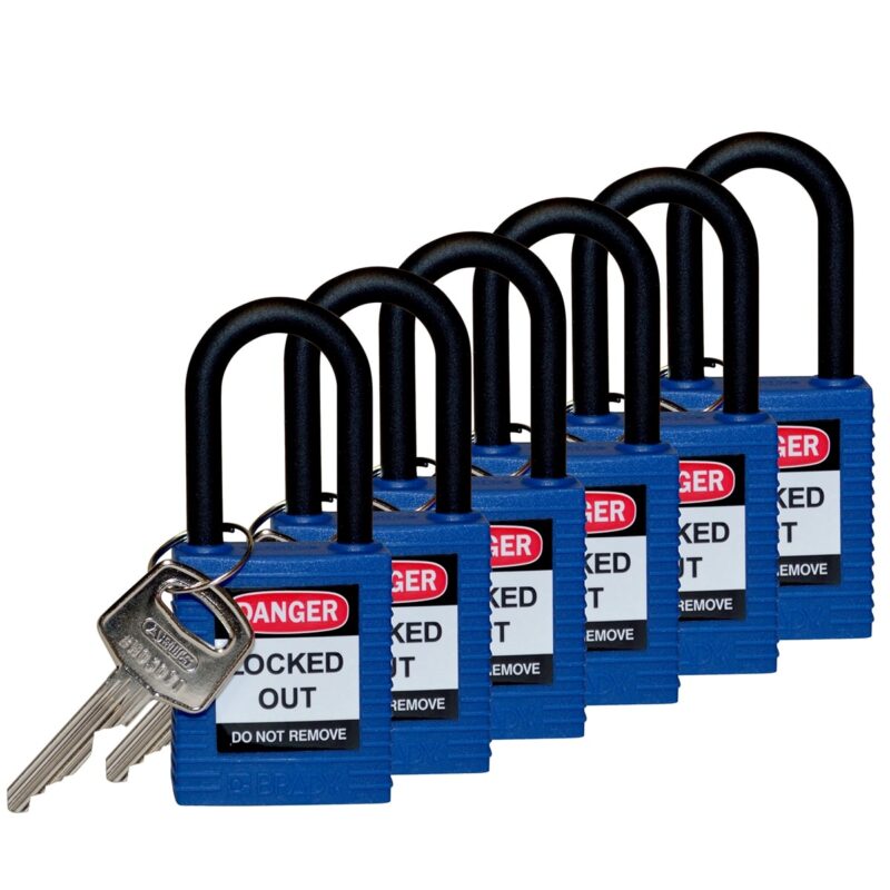 BRADY 38mm SAFETY PADLOCK W/PS BLUE KD 6 PK 813593