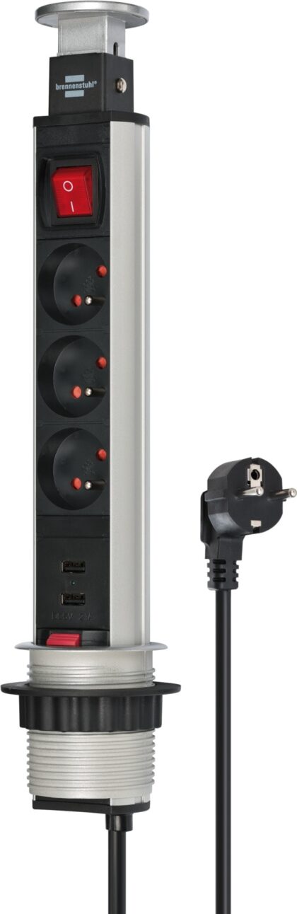 BRENNENSTUHL Tower Power stekkerdoos met USB 3-voudig 2m H05VV-F 3G1