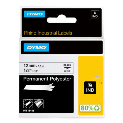 DYMO RHINO 12mm Perm.Polyester zwart op wit DYM-18483