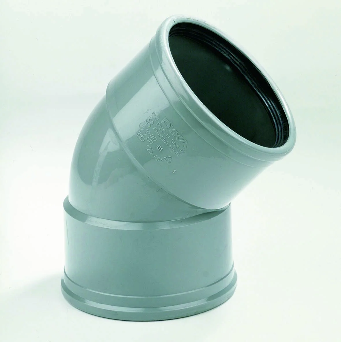 Dyka Polyvinylchlorid (PVC) manchetbocht 45° 110mm FF SN4/SN8 (SDR41/SDR34) grijs BENOR-keur riolering Dyka 20022914