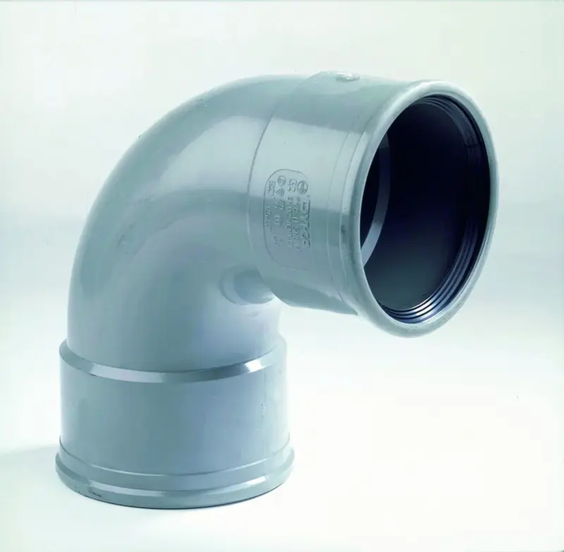 Dyka Polyvinylchlorid (PVC) manchetbocht 90° 110mm FF SN4/SN8 (SDR41/SDR34) grijs BENOR-keur riolering Dyka 20022915