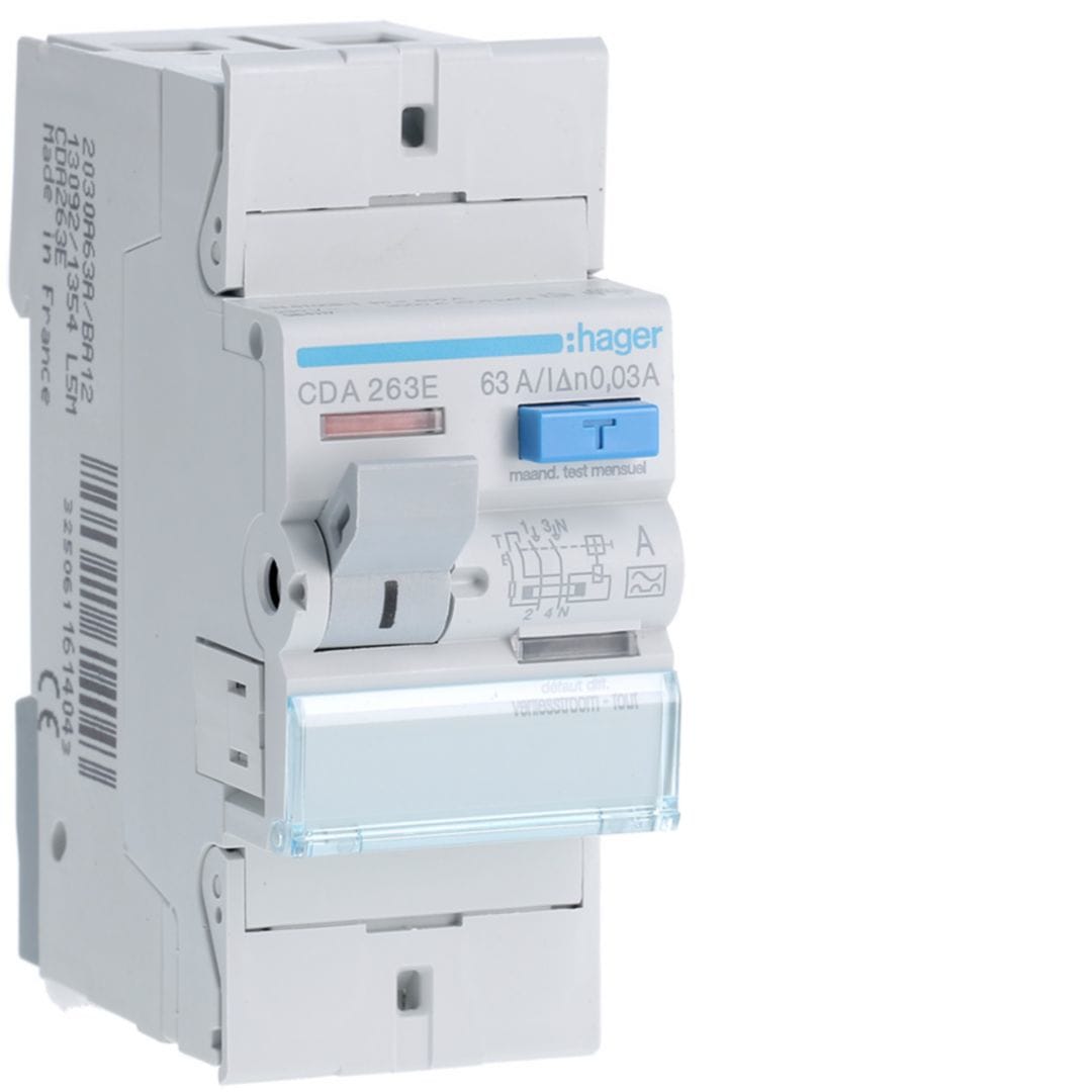 HAGER Aardlekschakelaar 2P 63A 30mA type A CDA263E