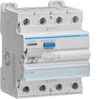 HAGER Aardlekschakelaar 3P+N 80A 30mA A CDA680E