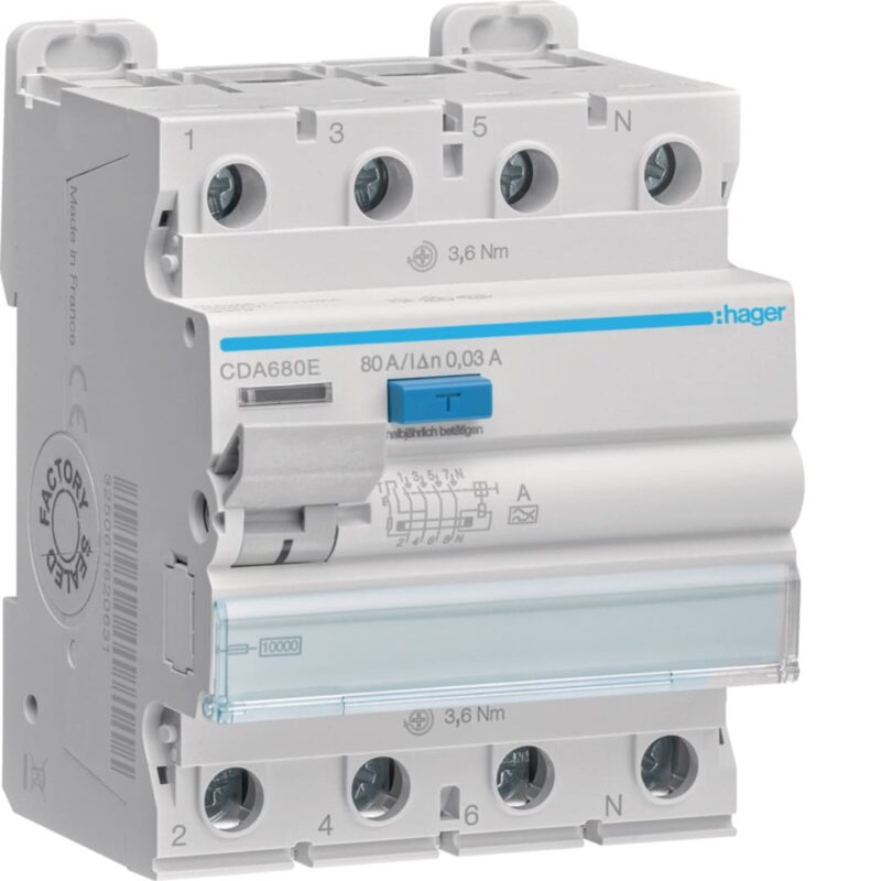 HAGER Aardlekschakelaar 3P+N 80A 30mA A CDA680E