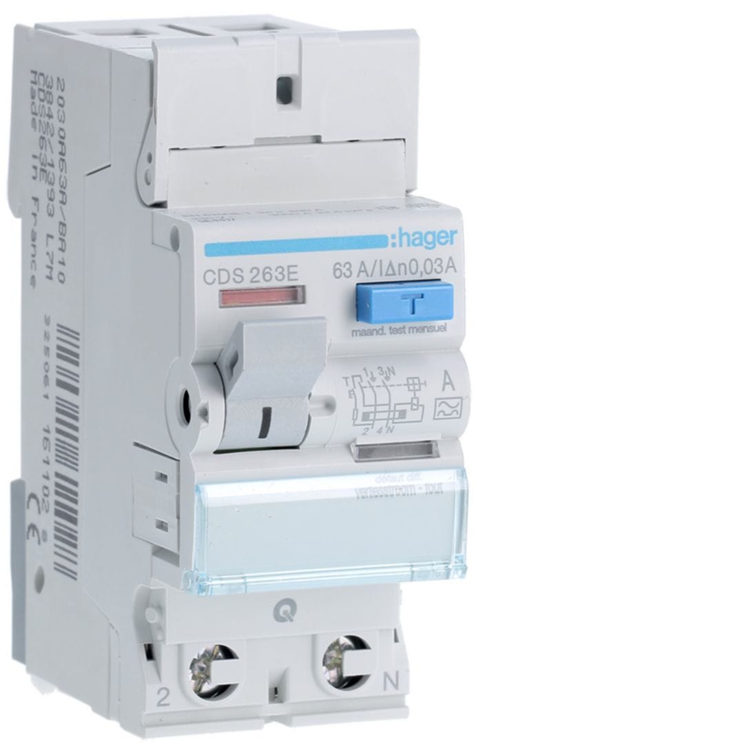 HAGER Aardlekschakelaar 2P 63A 30mA type A qc CDS263E