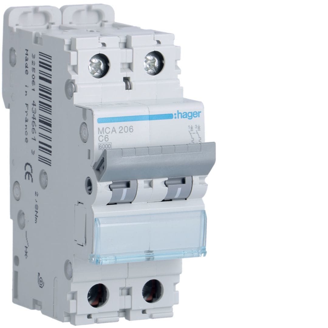 HAGER Automaat 6kA - C - 2P - 6A - 2M. MCA206