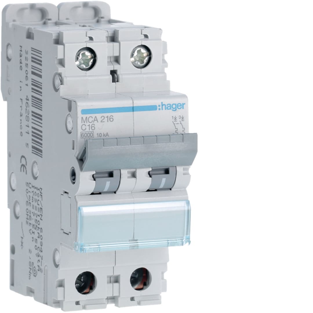 HAGER Automaat 6kA - C - 2P - 16A - 2M. MCA216