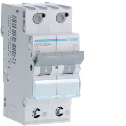 HAGER Automaat 3kA - C - 2P - 6A - 2M - qc MWS206A