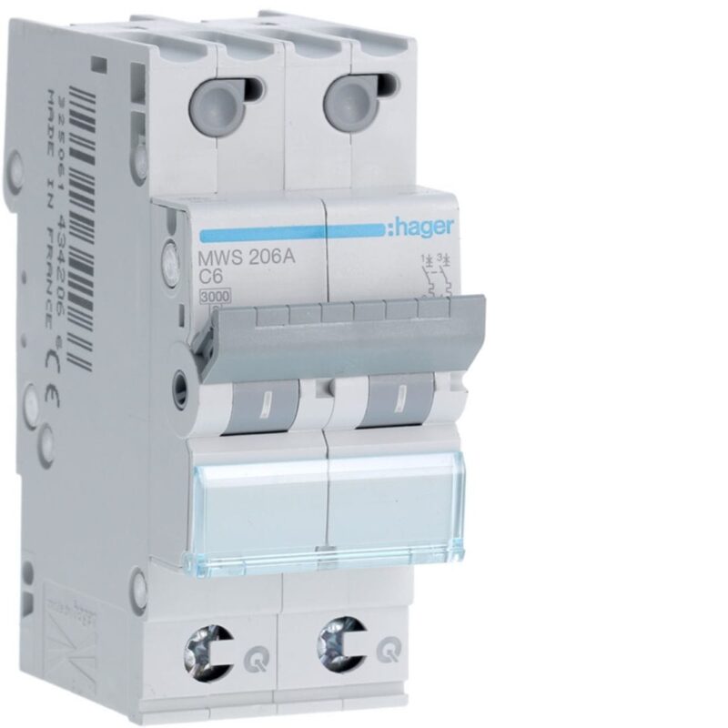 HAGER Automaat 3kA - C - 2P - 6A - 2M - qc MWS206A