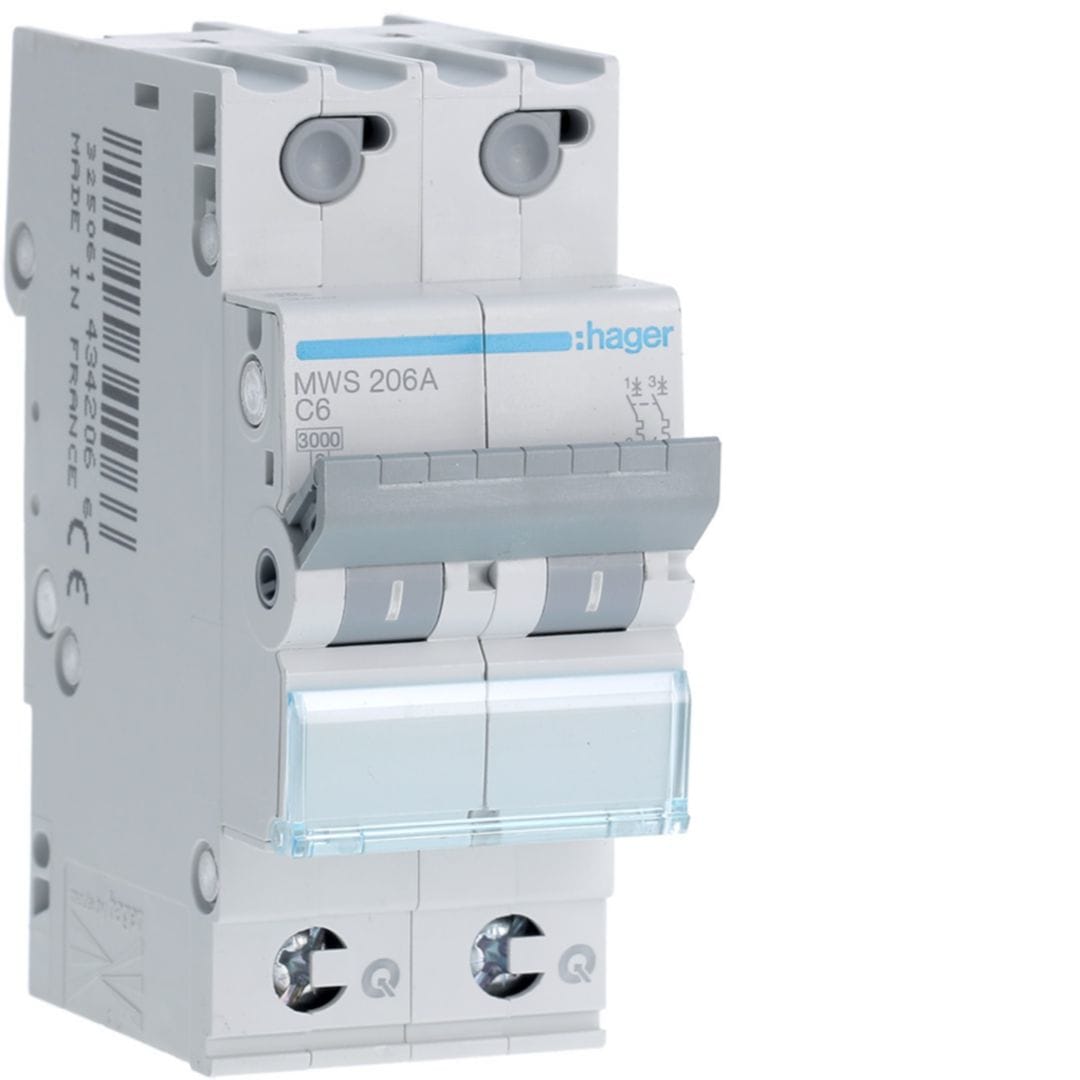 HAGER Automaat 3kA - C - 2P - 6A - 2M - qc MWS206A