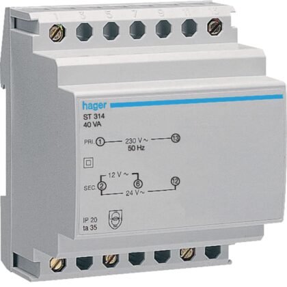 HAGER Transformator - 220V/12-24V - 40VA - 4 M. ST314
