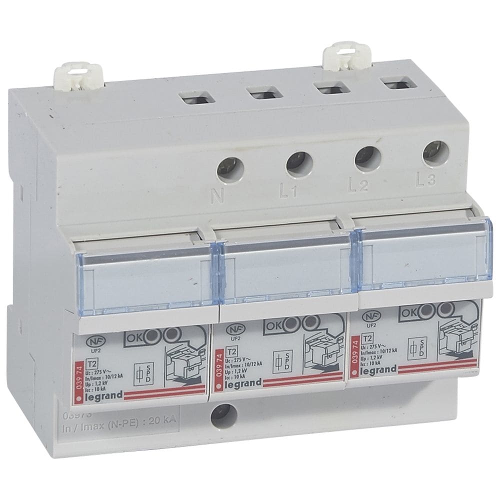 LEGRAND Overspanningsbeveiliging T2+T3 beveiligd 3P+N Icc 10 kA - 1.2 kV - 6 mod. 003973