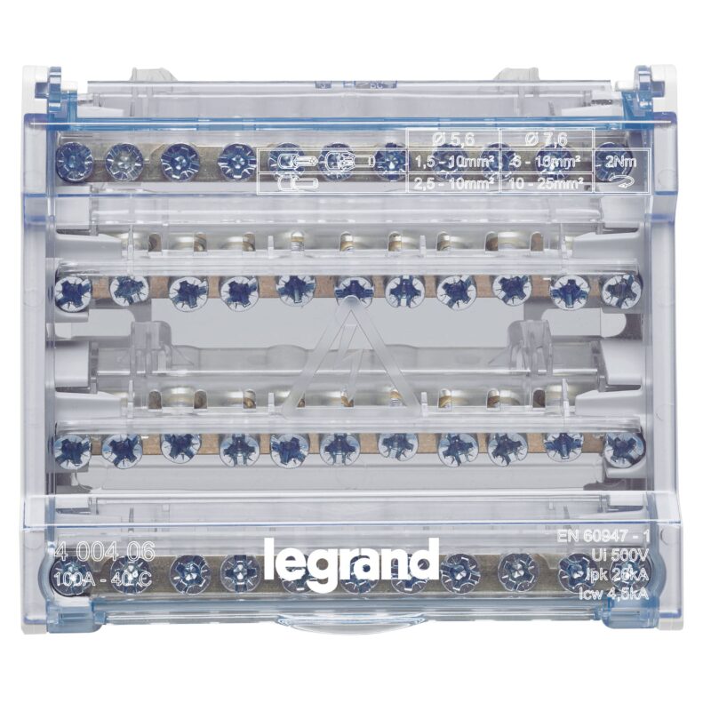 LEGRAND Modulaire verdeelklem 4P 100A - 11 aansluitingen met schroeven - 26kA - 6 mod. 400406
