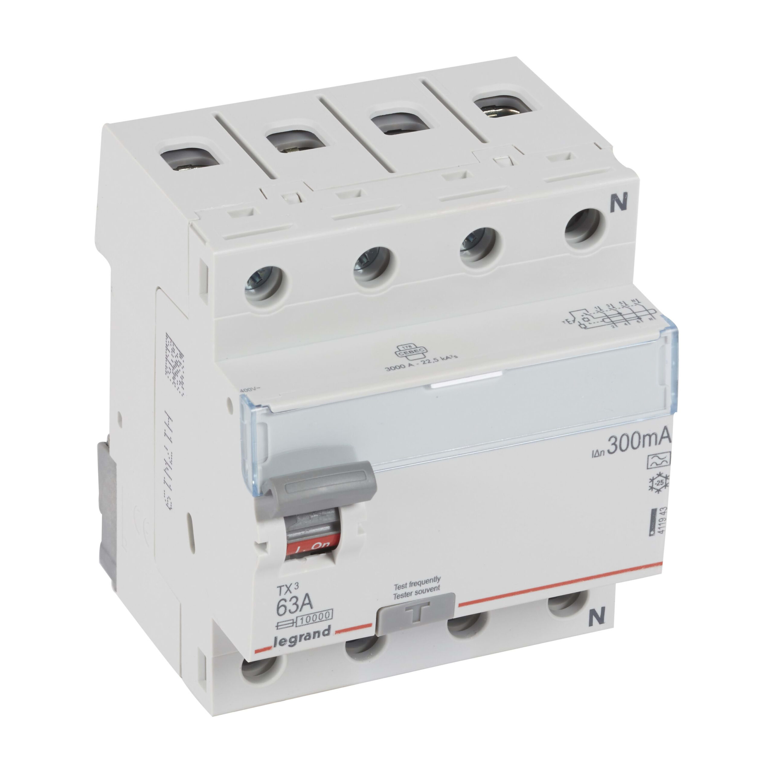 LEGRAND Differentieelschakelaar TX³ 4P 300mA 63A Type A - 4 modules 411943
