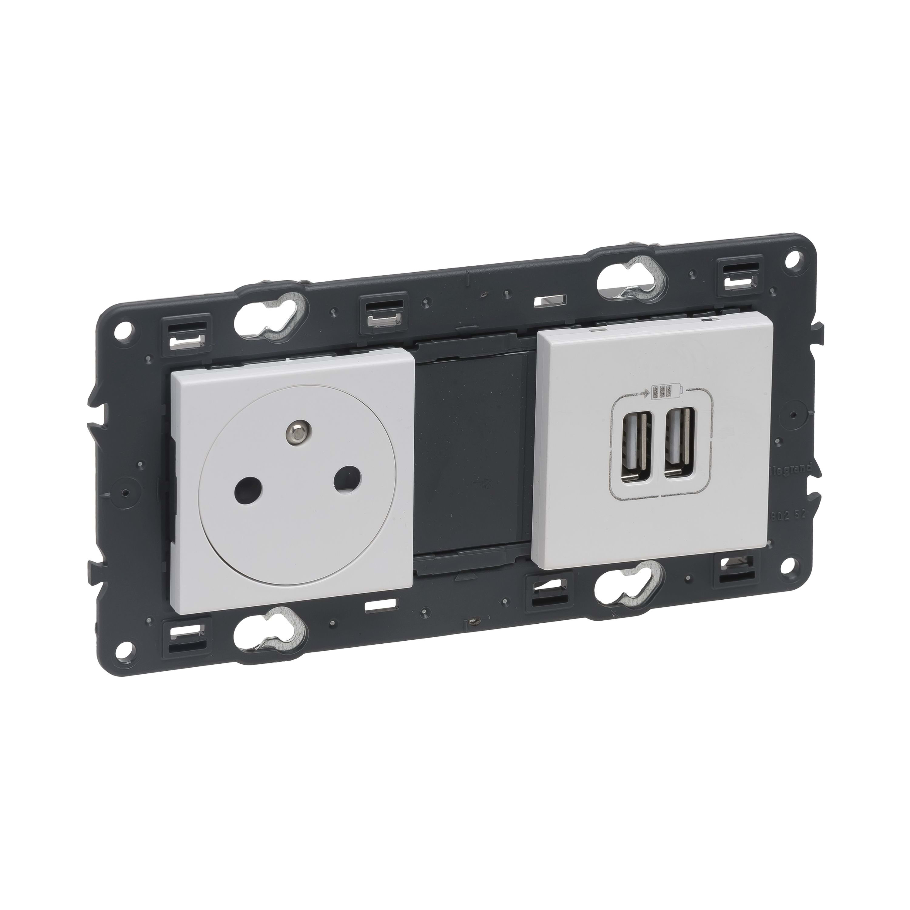 LEGRAND Valena Next contactdoos 2P+A + dubbele USB volledig apparaat vlak wit + schroef 741535