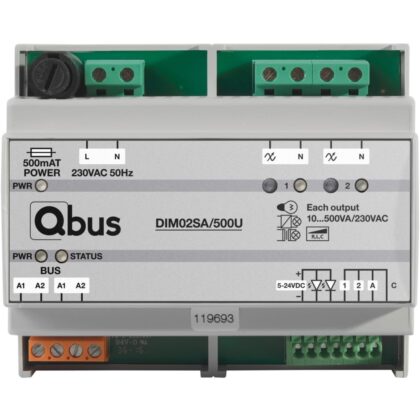 Qbus Dimmermodule (2x 500VA) Universeel met 3 ingangen en LED terugmeldingsoptie DIM02SA/500U