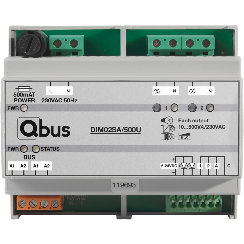 Qbus Dimmermodule (2x 500VA) Universeel met 3 ingangen en LED terugmeldingsoptie DIM02SA/500U
