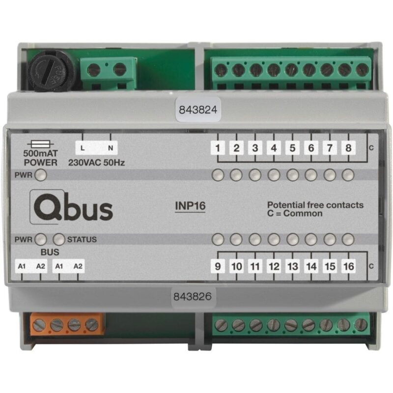 Qbus Inputmodule DIN RAIL (16x extern - 0 Volt) met LED indicatie INP16