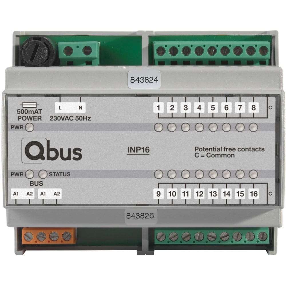 Qbus Inputmodule DIN RAIL (16x extern - 0 Volt) met LED indicatie INP16