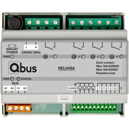 Qbus Relaismodule (4x 16A potentiaalvrij) 4 ingangen + 1 ingang paniekknop REL04SA